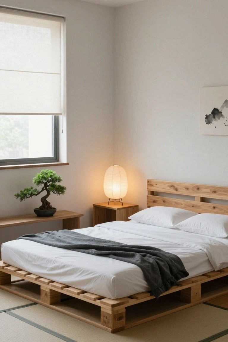 A bedroom with a low wooden pallet bed frame holding white sheets and pillows topped by a gray throw, beside a bonsai tree on a wooden side table and a paper lantern lamp on a wooden stand, with light walls, a window with roller shade, and tatami-style flooring.