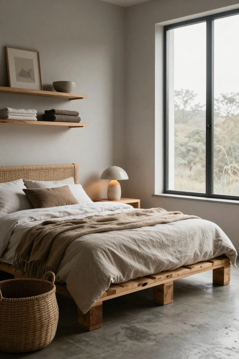 Bedroom interior with low wooden pallet bed frame, rattan headboard, neutral linen bedding and throw, side table with lamp, floating shelves with towels and ceramics, large black-framed window overlooking hills, on polished concrete floor.