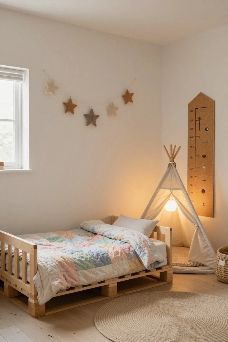 Child's bedroom with low wooden pallet bed frame topped by colorful patchwork quilt, white fabric teepee tent with interior light, cork growth chart on wall, and star garland near window.