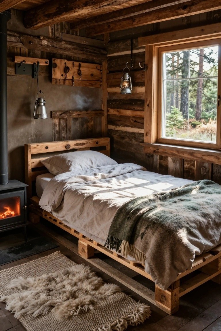 Wooden pallet bed frame with white linens and green throw blanket in a rustic log cabin bedroom featuring a black wood stove, hanging lanterns, and a window with pine forest view.
