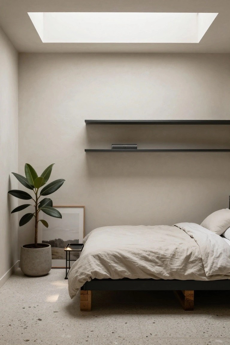 Bedroom interior with low platform bed on dark frame and wooden block legs, white linen bedding, potted ficus plant, floating black shelves, and skylight above terrazzo floor.