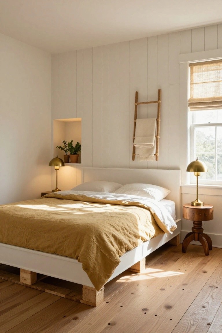Sunlit bedroom with white bed frame elevated on wooden blocks, mustard yellow linen duvet and pillows, gold dome lamps on wood nightstands, plant niche in corner, ladder holding white towel on vertical board wall, bamboo shade on window, heart pine floors.