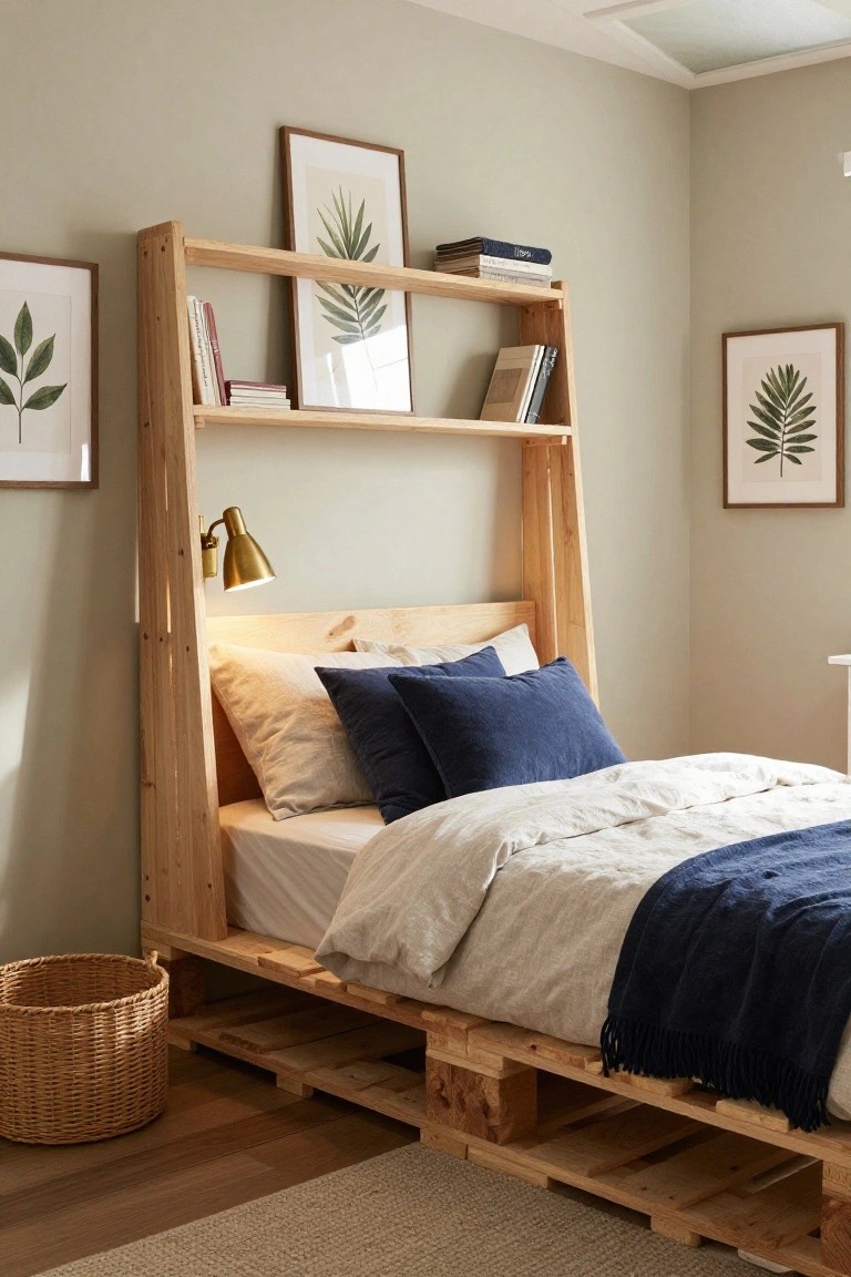 Bedroom with low wooden pallet bed frame, tall integrated wooden shelf headboard holding books, navy pillows and duvet on bed, beige walls with leaf art prints, brass wall lamp, and wicker basket on floor.