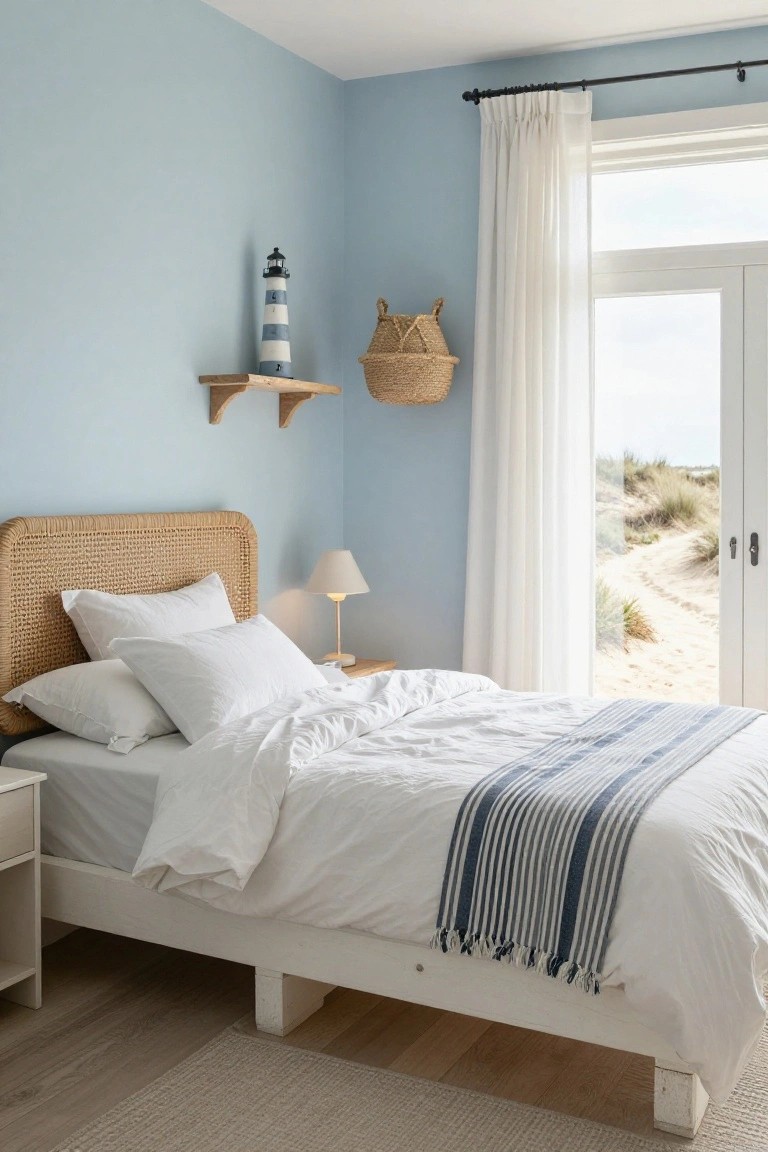 Light blue bedroom with rattan headboard on white platform bed, white pillows and duvet with blue striped throw, bedside lamp on wood nightstand, shelf holding lighthouse model and seagrass basket, white curtains on door to outdoor dunes view.