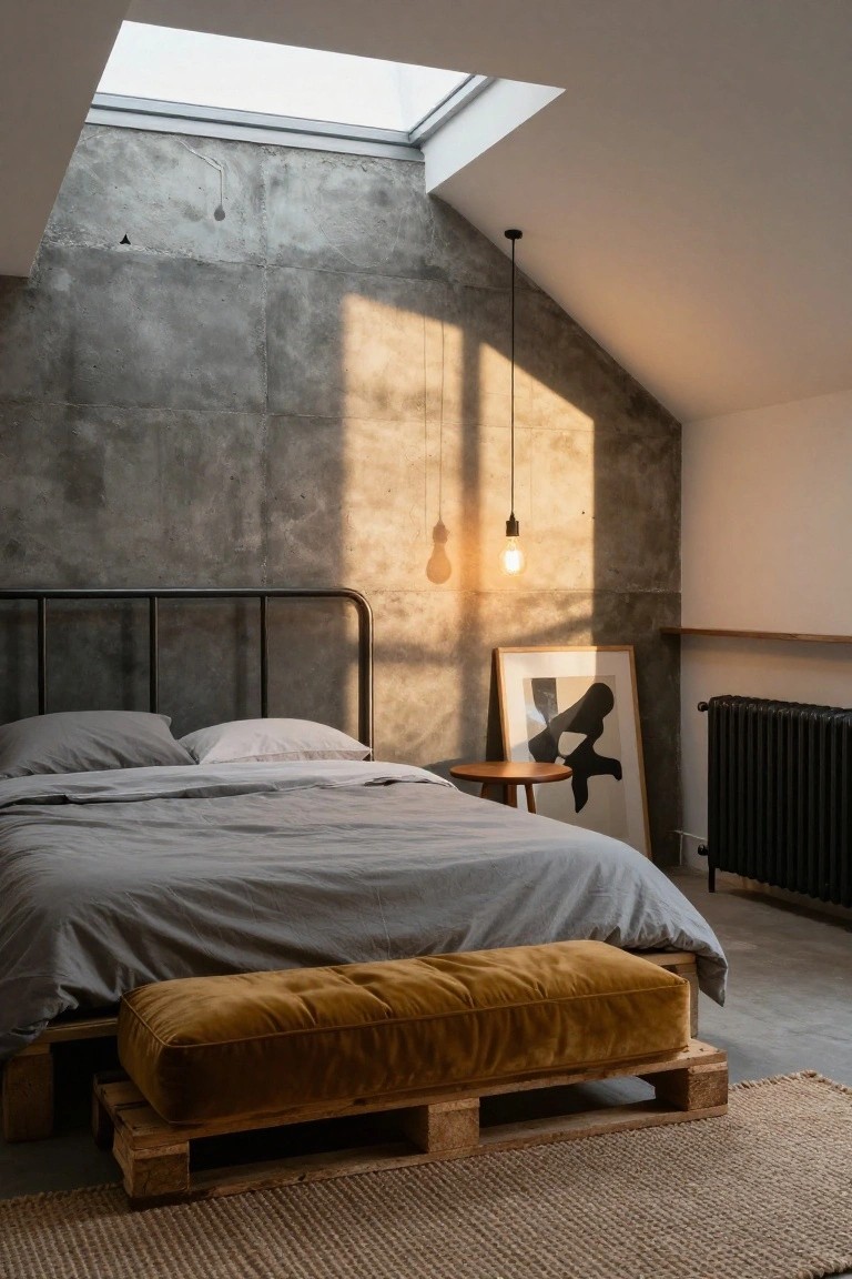 Modern bedroom with low bed on wooden pallet platform against concrete wall, gray bedding, mustard velvet bench at foot, pendant light, abstract framed print, radiator, skylight, and rug.