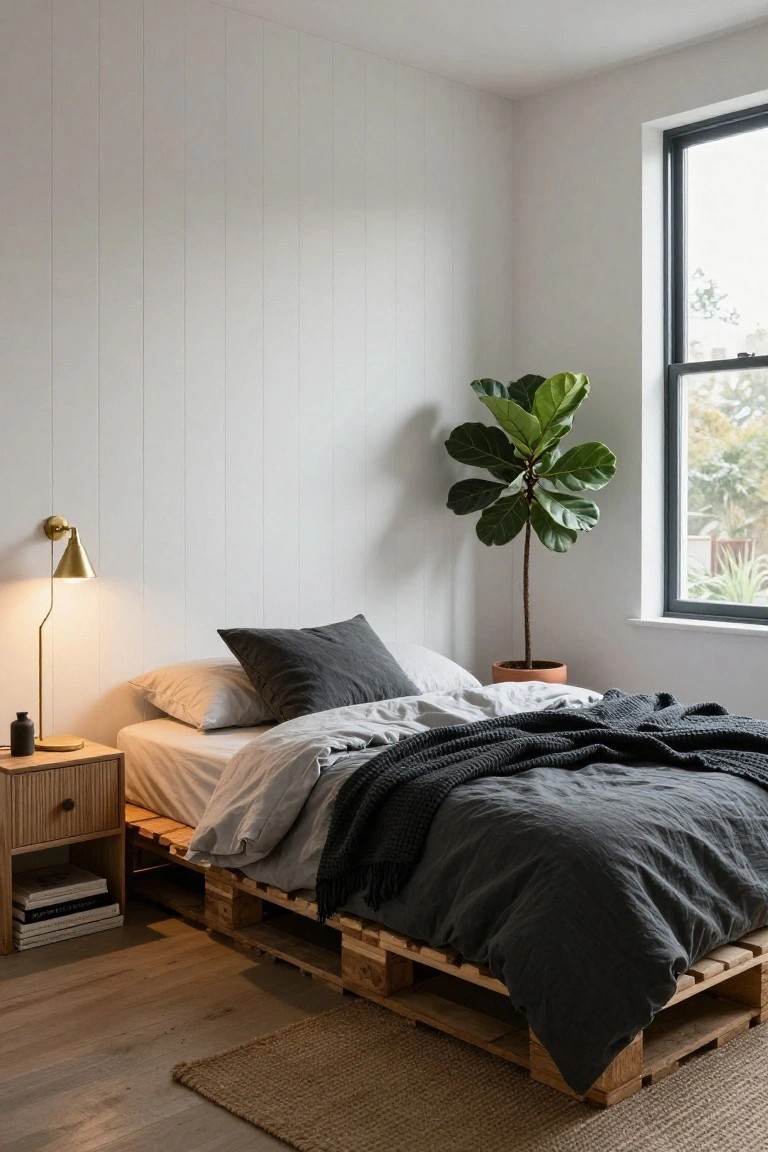 Corner of a modern bedroom with low wooden pallet bed platform topped by white sheets and gray duvet, wooden nightstand with lamp and books, large potted fiddle leaf fig plant by black-framed window, white vertical plank walls, and light wood floor with seagrass rug.