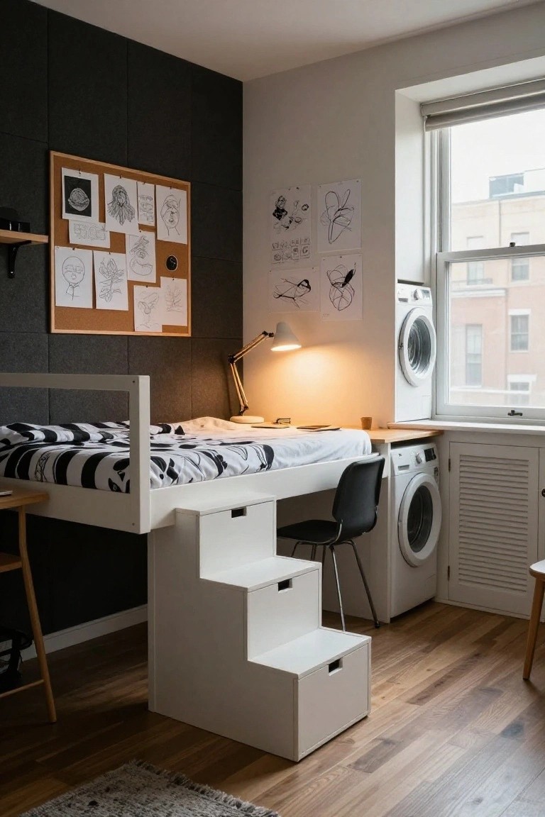 Small bedroom with white loft bed frame featuring black and white striped bedding, desk underneath, white storage steps, black desk chair, corkboard on dark acoustic wall, desk lamp, and stacked white washer dryer beside window.