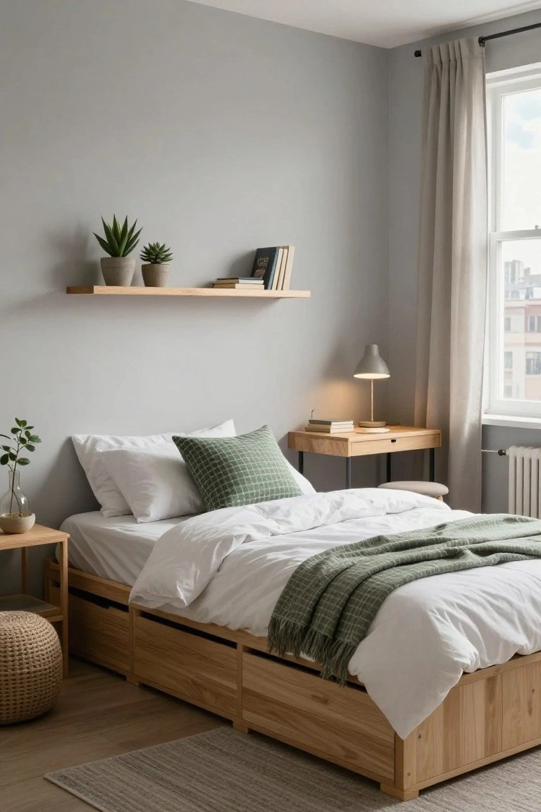 A modern bedroom with light gray walls, a wooden platform bed with under-bed drawers, a matching desk, potted plants on shelves and tables, a green throw blanket, and beige curtains at the window.