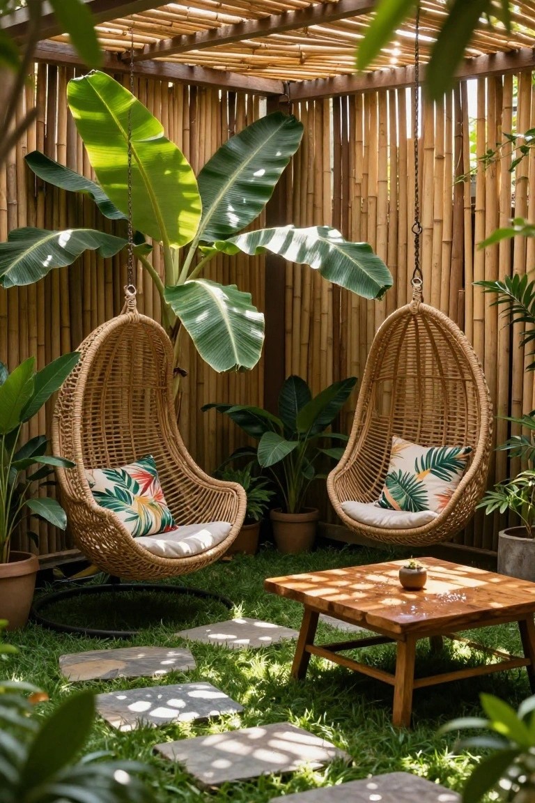 Outdoor lounge area enclosed by tall bamboo pole fencing under a bamboo pergola, featuring two rattan hanging egg chairs with cushions, potted plants, a wooden low table on grass with stone stepping paths.