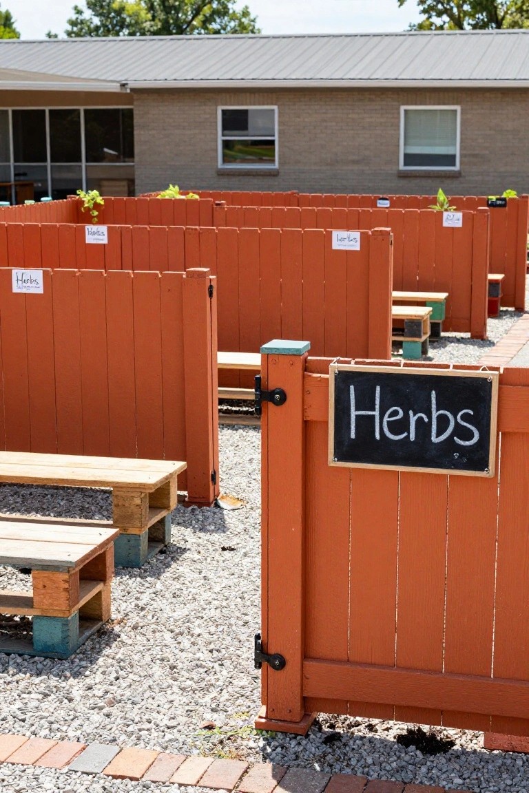 Orange wooden pallet fences arranged in a maze-like pattern in a gravel garden area, with signs labeling "Herbs" and "Vines" sections, wooden pallet benches, and a brick building in the background.