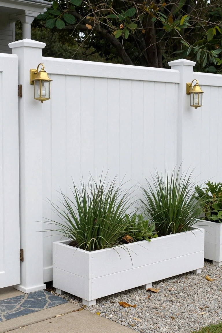 White vertical board fence with paneled gate, gold lantern lights mounted on posts, and large rectangular white planter box at base filled with grasses and plants, gravel path nearby.