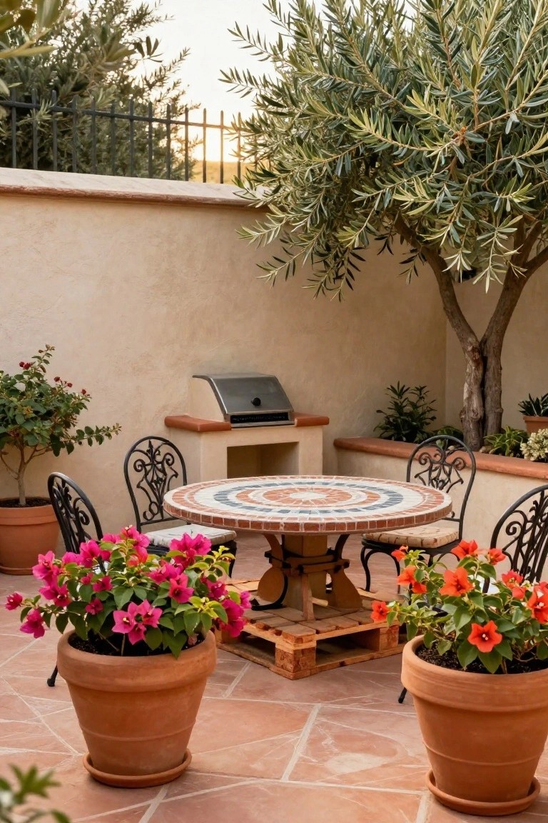 Outdoor patio featuring a round mosaic table on stacked wooden pallets, black wrought iron chairs, large terracotta pots with pink and red hibiscus plants, built-in grill, olive tree, and beige stucco walls with black metal fence.