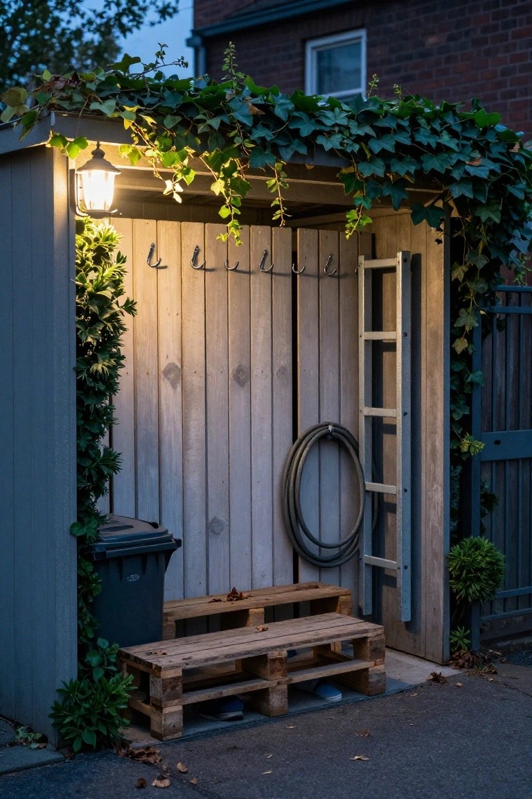 Wooden garden shed open at dusk with ivy climbing the sides, lit by a lantern, showing interior hooks, a coiled hose on a metal ladder beside the door, a pallet bench with shoes nearby, and a trash bin against the wall.