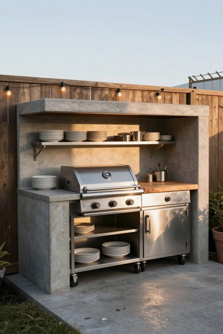 Outdoor concrete kitchen structure with built-in stainless steel grill, cabinets on wheels, shelves holding white plates, and wooden slat fence with string lights in the background on a concrete patio.
