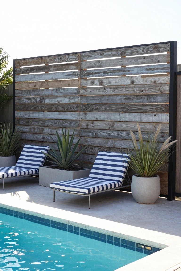 Weathered horizontal slat fence made from pallets behind two blue and white striped lounge chairs next to a pool, with potted agave and pampas grass plants on a tiled patio.