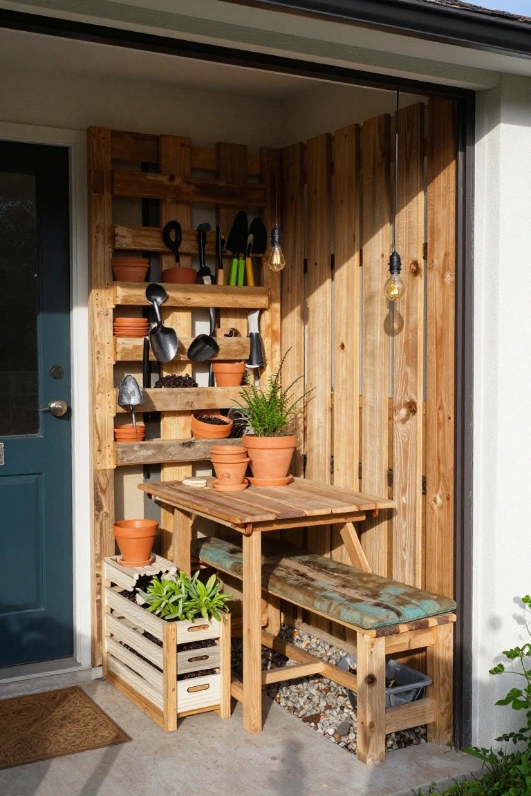 Corner outdoor structure made from pallet wood with shelves holding garden tools, hanging utensils, terracotta pots, plants, a wooden table, bench, and crate planters next to a blue house door.
