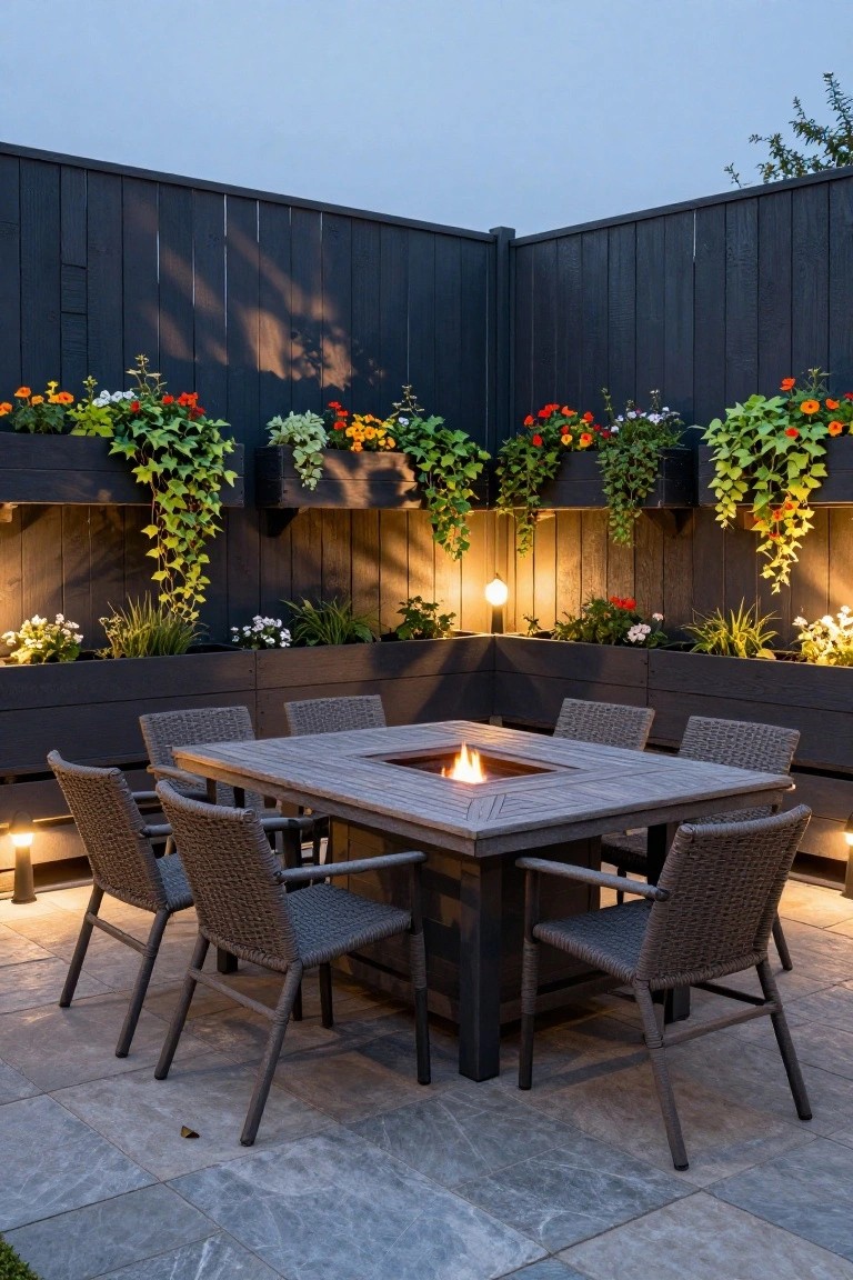 Corner outdoor patio enclosed by tall dark wooden slat fences with integrated planters overflowing with ivy, flowers, and trailing plants, featuring a square wooden dining table with central gas fire pit, eight wicker chairs, and low ground lights on gray tiled pavers.
