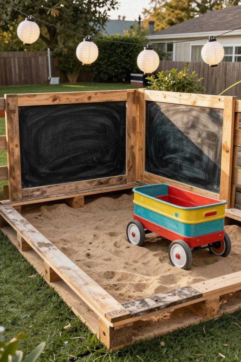 Wooden pallet structure forming L-shaped walls with black chalkboard panels around a sandbox containing a red and yellow toy wagon, string lights overhead, in a grassy backyard.