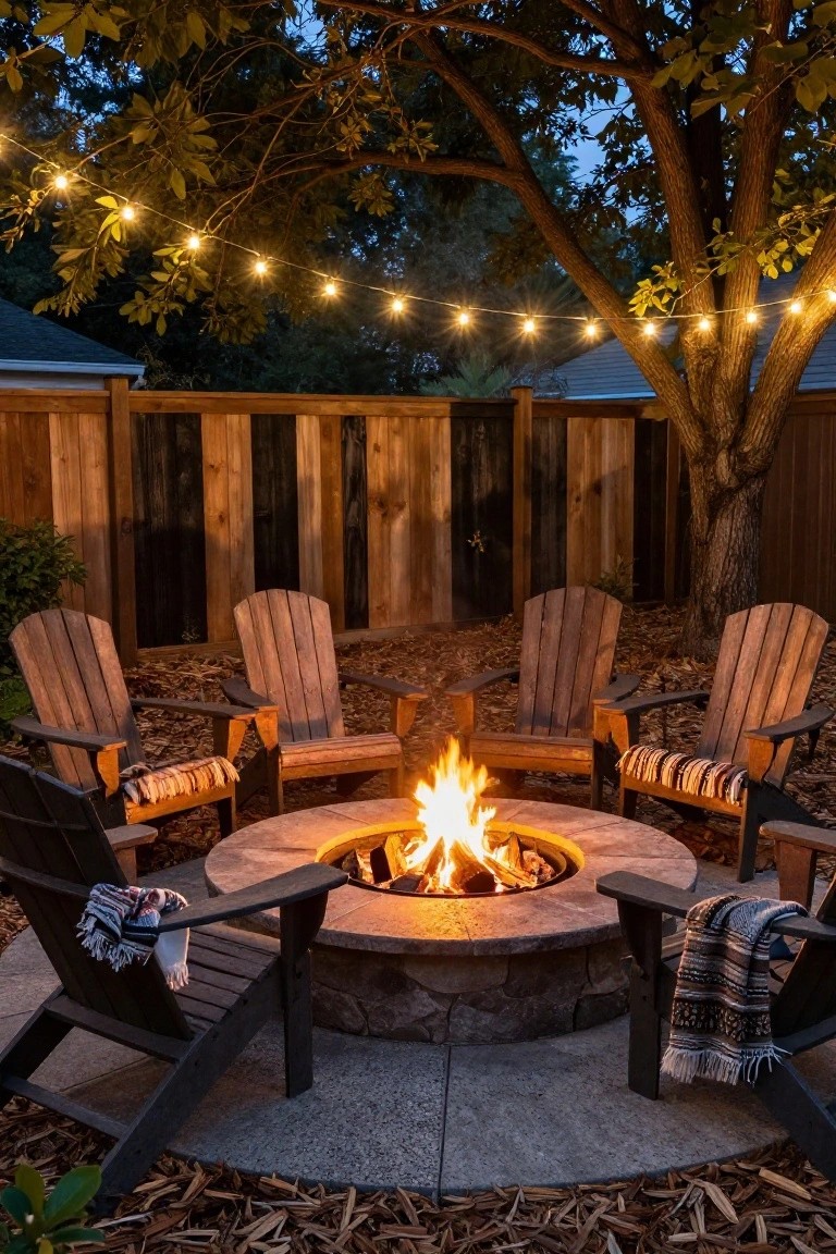 Backyard fire pit ringed by Adirondack chairs under string lights and a tree, with wooden slat fence along the perimeter and fallen leaves on the ground.