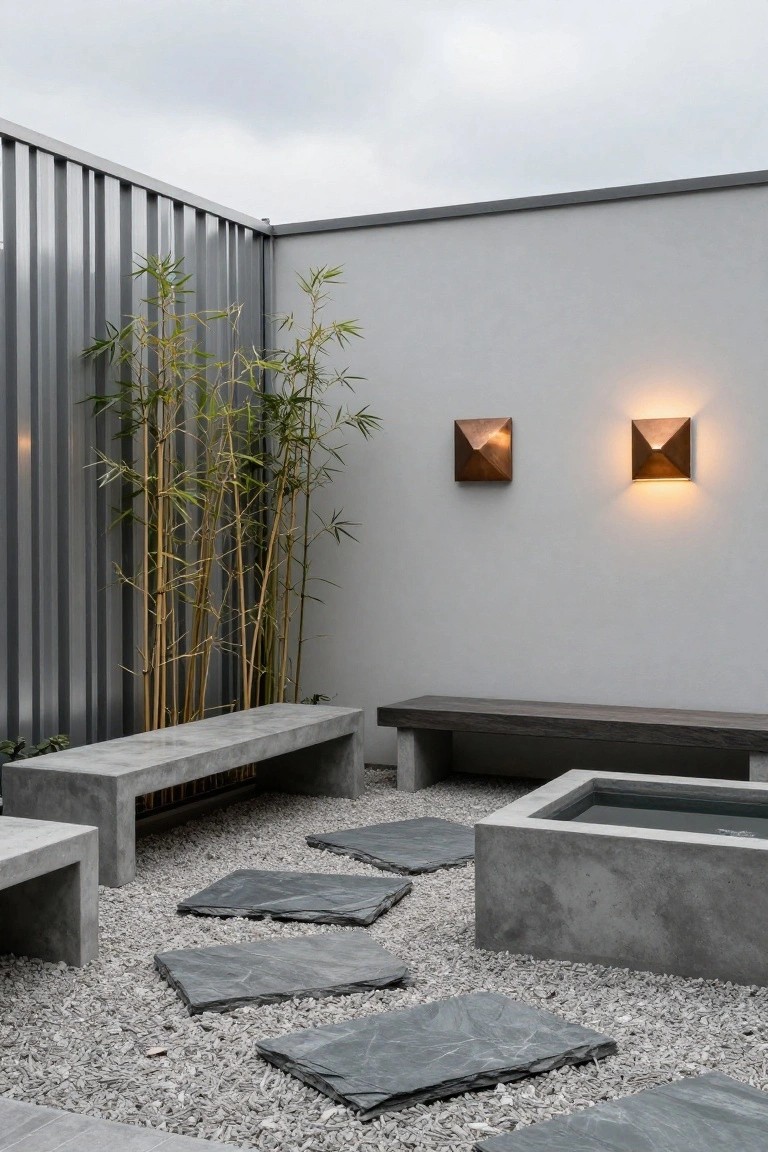 Gray corrugated metal fence enclosing an outdoor corner with tall bamboo plants, wooden and concrete benches, slate stepping stones on gravel, a concrete water basin, and copper pyramid wall lights on a light gray wall.