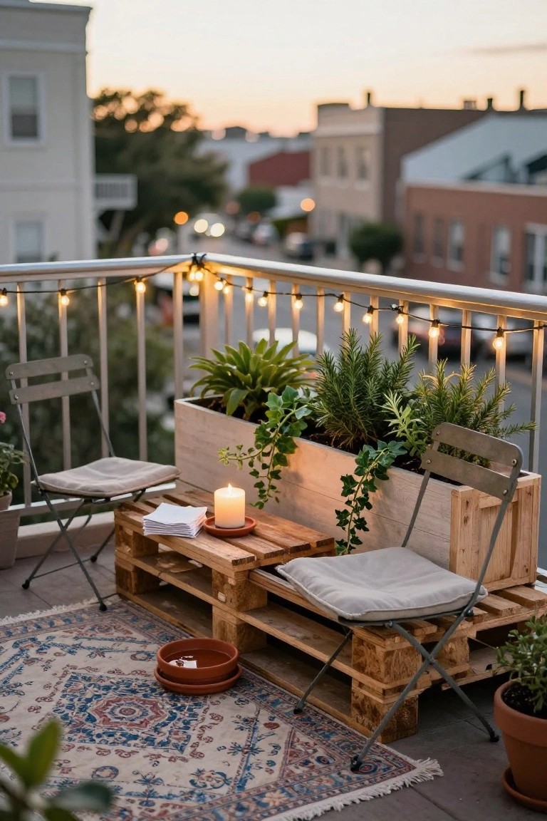 Balcony railing strung with warm lights, featuring two metal chairs on pallet bases, a pallet table with stacked white napkins and lit candle, potted plants in wooden boxes and terracotta pots, and a patterned rug on the floor overlooking urban buildings at dusk.