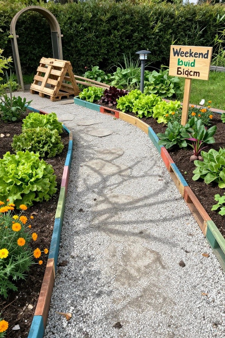 Gravel garden path lined with raised beds made from colorful painted pallet wood containing lettuce, beets, chard, and flowers, plus a wooden archway entrance and a sign reading 