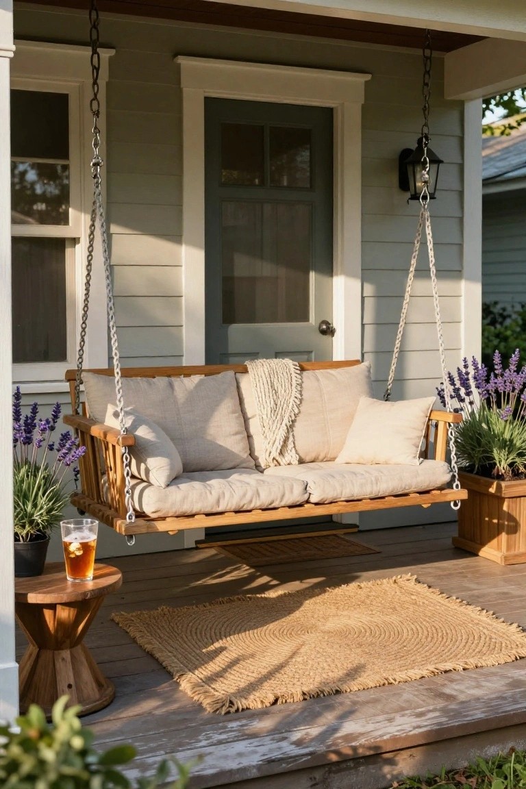 Wooden porch swing hanging from chains on a covered porch, with beige cushions, pillows, and a knit throw, next to potted lavender plants and a round wooden side table holding a glass of iced tea, with a seagrass rug on the deck.