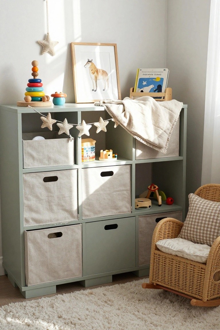 Corner of a light-filled child's room with a mint green cube shelving unit holding fabric bins, wooden toys, books, and a rocking chair on a white fluffy rug.