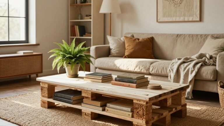 A sunlit beige living room corner with two neutral fabric sofas flanking a whitewashed wooden pallet coffee table stacked with books and topped with stacked books and a potted fern.