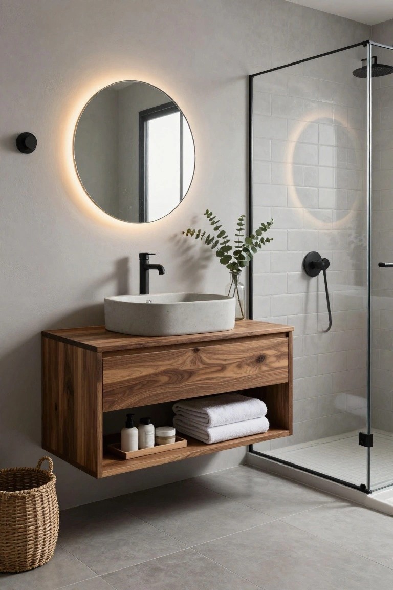 Modern bathroom with gray tiled walls and floor, floating wooden vanity holding a white concrete vessel sink and black faucet, round backlit mirror above, and glass shower enclosure beside.