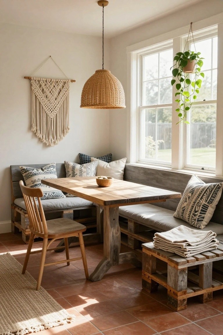 Corner booth dining area built from wooden pallets with gray cushions, wooden table, wooden chair, hanging plant, macrame wall hanging, and rattan pendant light in a light-filled room with terracotta tile floor.
