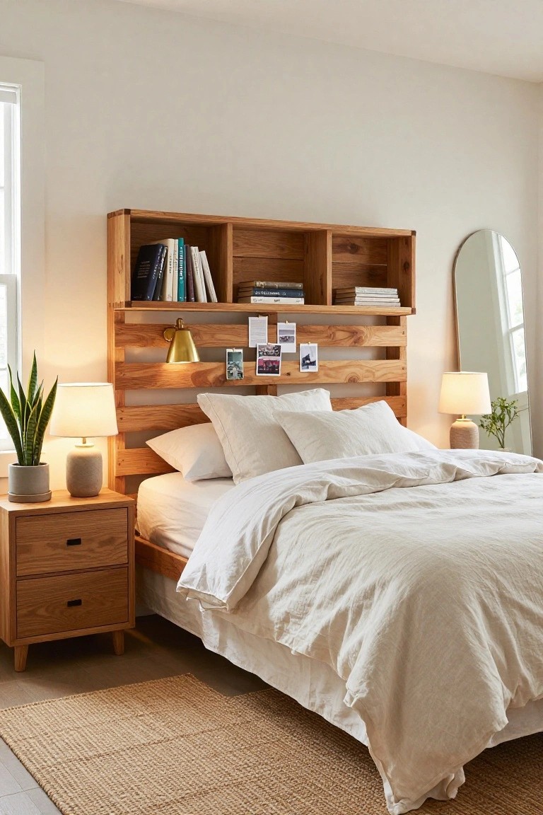 Bedroom with oak pallet headboard featuring open shelves stocked with books and photos, flanked by a gold wall sconce, a low platform bed with white linens, wooden nightstands with lamps and plants, a full-length mirror, and a seagrass rug on light wood floors.