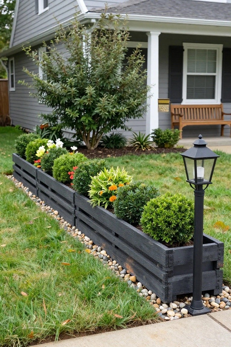 Gray house with white porch columns, wooden bench, and mailbox, next to a long black wooden pallet raised planter bed filled with green boxwood shrubs, colorful flowers, and edged by pebbles on grass, with a black lamppost nearby.