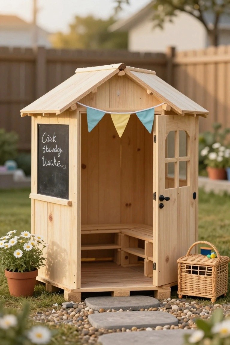 Small wooden playhouse made from pallets in a backyard garden, featuring a peaked roof, open front with door, built-in benches, chalkboard sign on side reading 