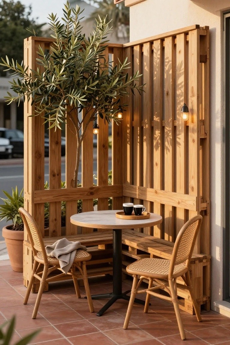 Wooden pallet slat fence forming a privacy screen around an outdoor patio seating area with a round white table, two rattan chairs, two cups of coffee, potted olive tree and plants, string lights, on terracotta tile flooring next to a beige wall.