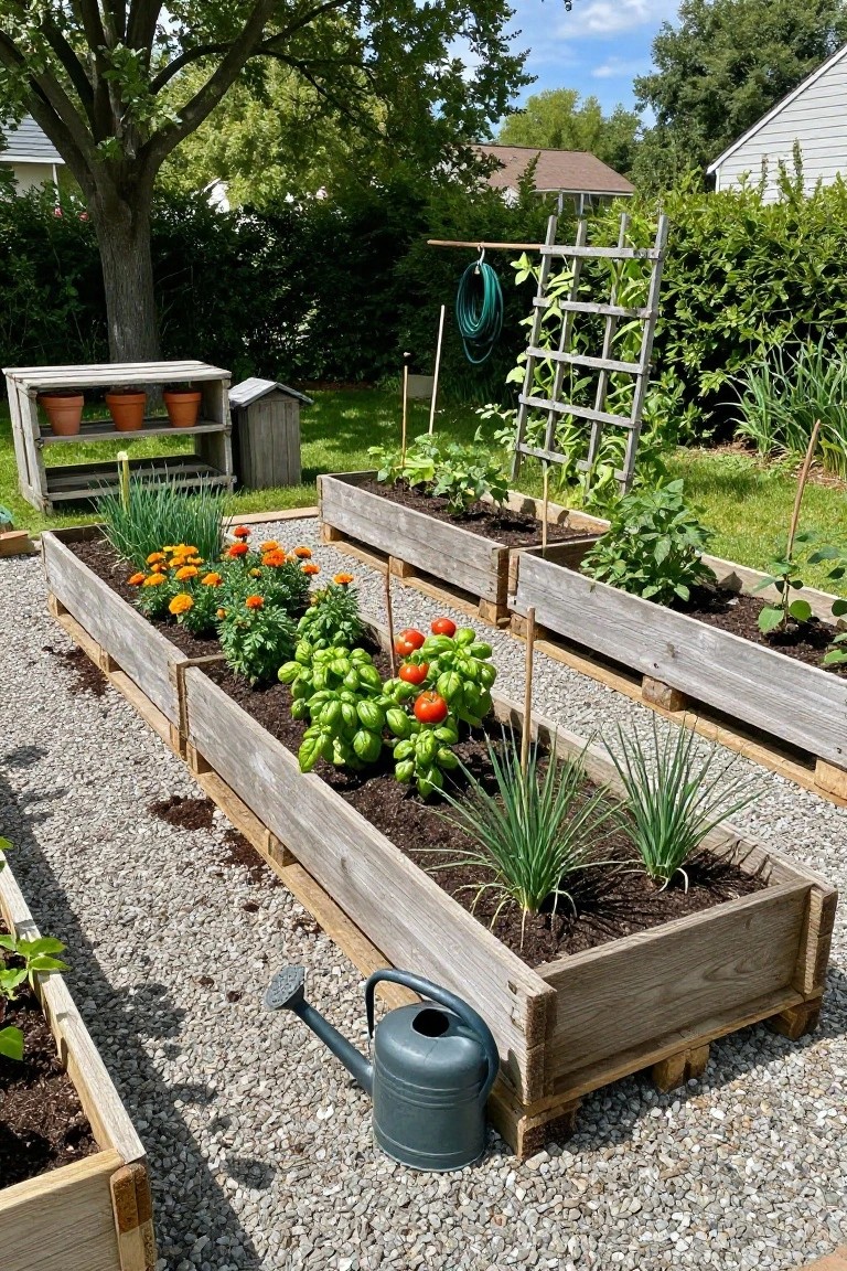 Row of raised garden beds constructed from wooden pallets filled with vegetables, herbs, and flowers like tomatoes, basil, marigolds, and onions, set on a gravel path in a backyard with a watering can, hose, and trellis nearby.