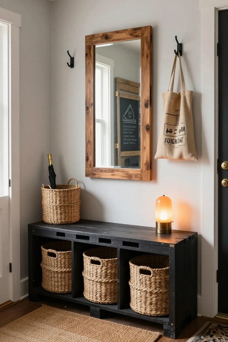 Entryway with black wooden bench featuring cubby shelves holding wicker baskets, flanked by a large wood-framed mirror, umbrella stand in a wicker basket, wall hooks with a tote bag, and a brass lamp on a side table near a door.