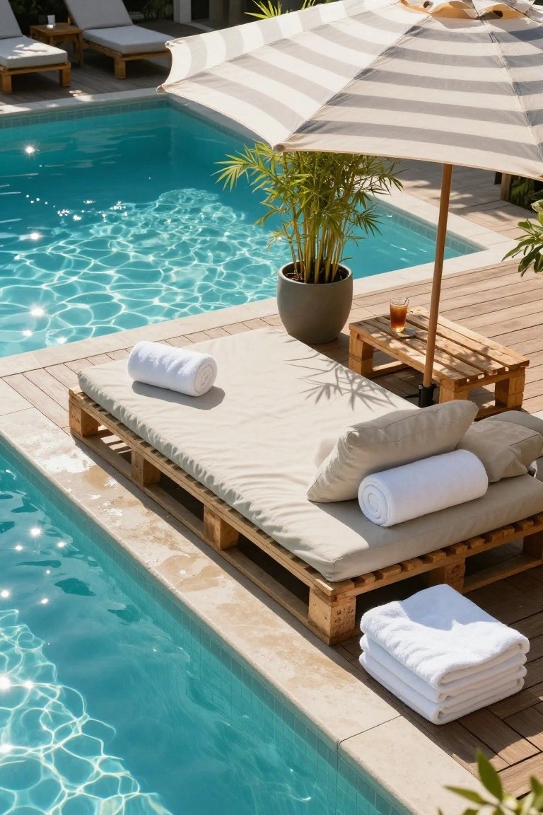 Overhead view of a wooden pallet daybed with beige cushions, white towels, and pillows positioned next to a turquoise pool edge, under a beige striped umbrella with potted bamboo nearby.