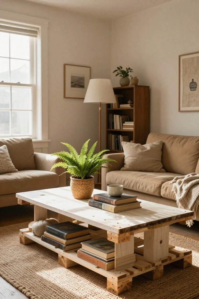 A sunlit beige living room corner with two neutral fabric sofas flanking a whitewashed wooden pallet coffee table stacked with books and topped with stacked books and a potted fern.