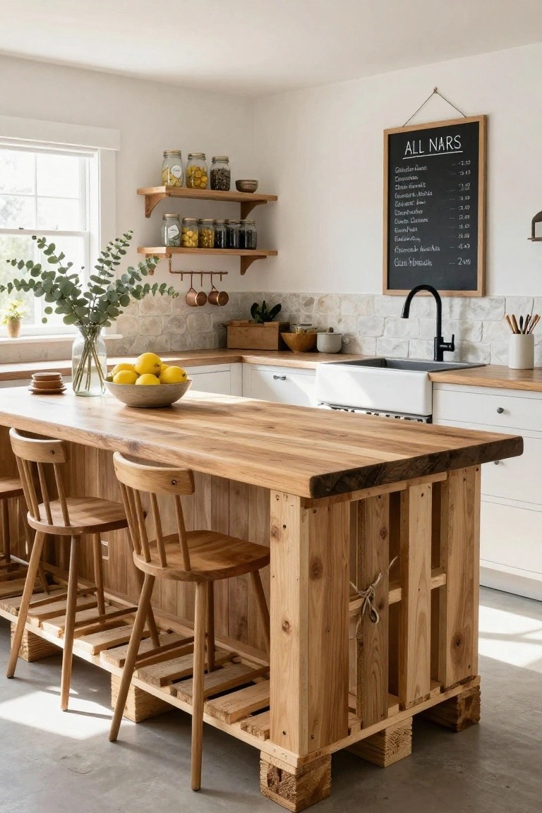 A bright kitchen with a central wooden island built on pallet bases, four wooden stools around it, white cabinets, a farmhouse sink, yellow lemons in a bowl, and a chalkboard menu on the wall.