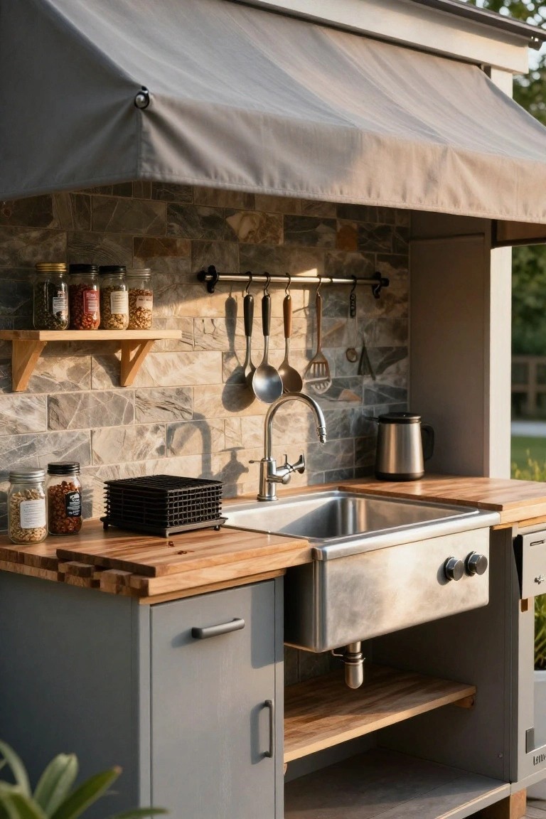 Outdoor kitchen with gray cabinets, wooden countertop and shelves, stainless steel sink, hanging utensils, spice jars, stone backsplash, and gray awning overhead.