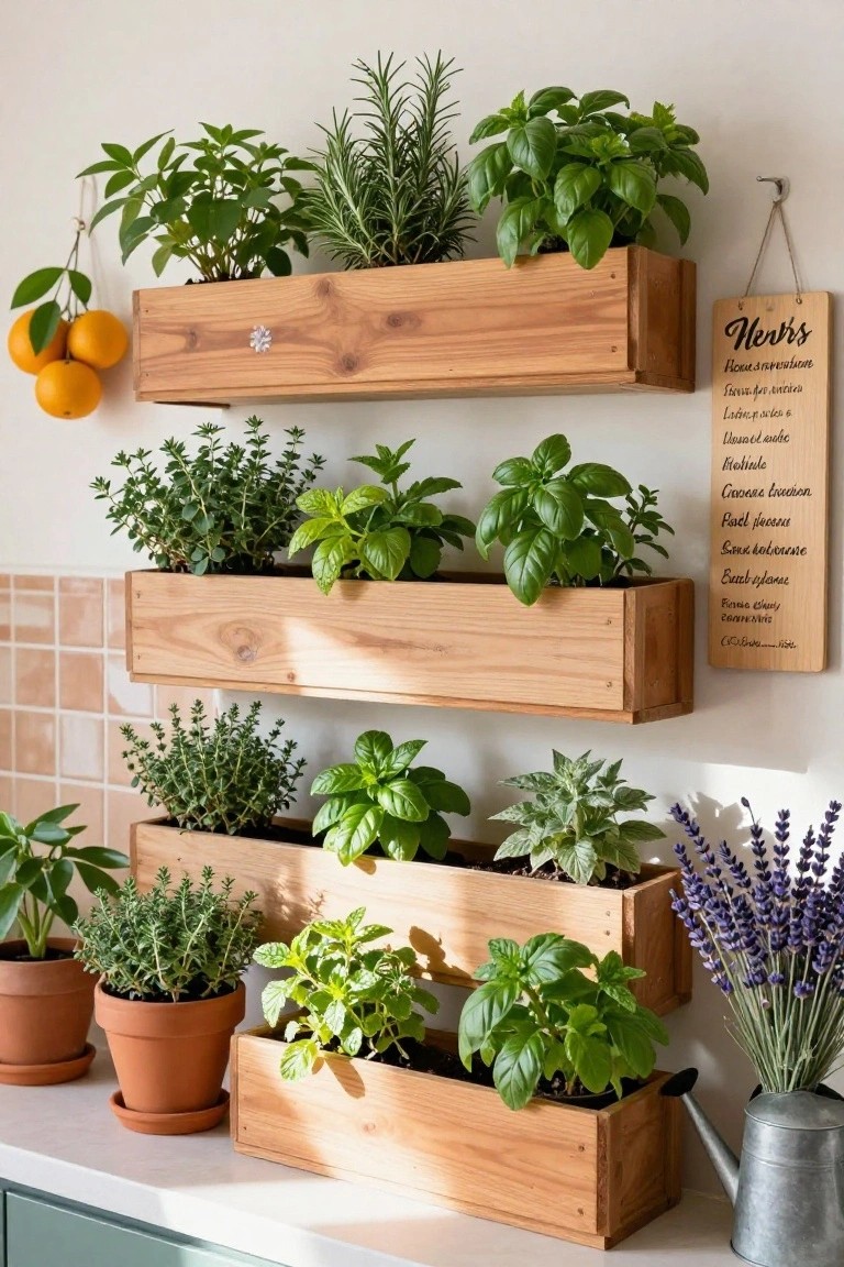 Stacked wooden wall-mounted planters filled with herbs including basil, rosemary, and thyme in a kitchen, with a wooden sign listing herb names and potted plants and a watering can on the counter below.