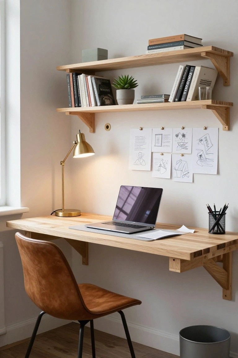 A wall-mounted oak desk with integrated floating shelves above holding books and a potted plant, a gold desk lamp, open laptop, pencil holder, and pinned sketches on the wall beside a tan leather chair in a light corner room.