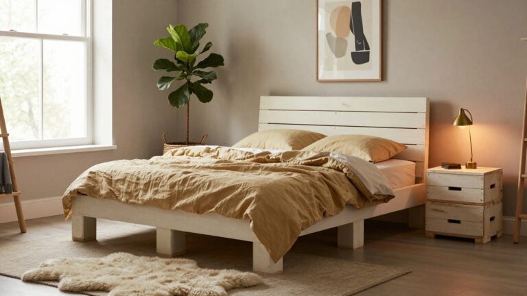 20 Stylish Wooden Pallet Furniture Ideas That Feel Surprisingly Chic A cozy bedroom with a white slatted bed frame on wooden pallet base, beige linen bedding partially turned down, fiddle leaf fig plant in a basket, gold wall lamp, bedside wooden crate tables with lamps, and sheepskin rug on wood floor.