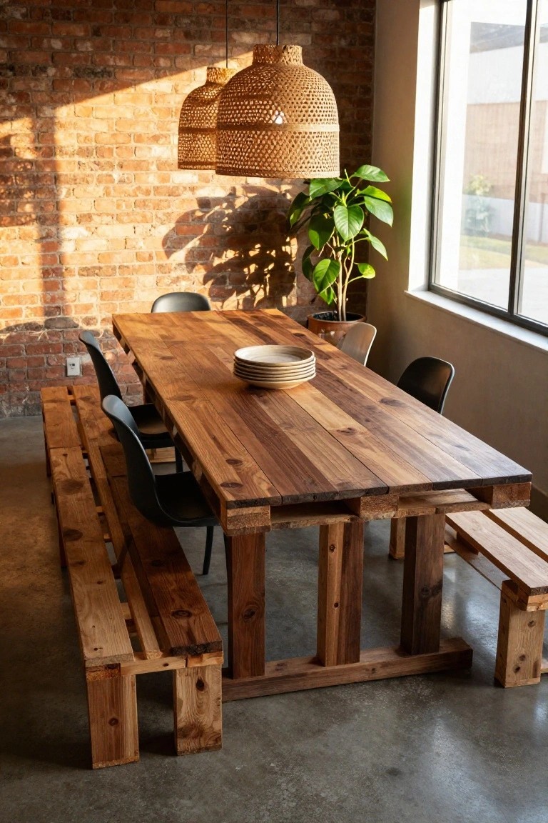 A rectangular wooden dining table and benches constructed from pallets in a brick-walled room with black chairs, stacked ceramic plates on the table, a potted plant, rattan pendant lights, and large windows with sunlight streaming in.