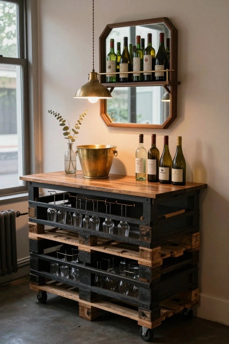 Wooden pallet bar cart on wheels with wine bottles on top shelf, hanging glass racks below, brass bucket, and nearby wall mirror with wine rack in a light interior room.