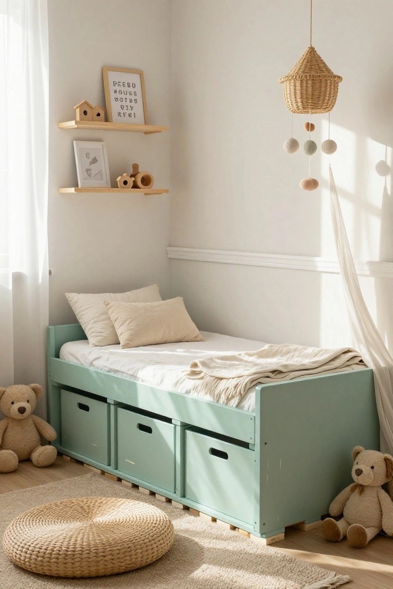 Mint green wooden pallet bedframe with three storage drawers positioned low in a bright child's bedroom corner, surrounded by teddy bears, woven pouf, shelves with birdhouses and toys, rattan lamp, and sheer curtains.