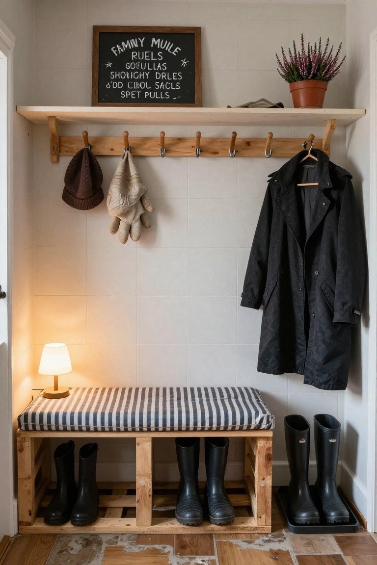Wooden pallet bench with striped cushion and black rubber boots stored underneath, in a white-tiled mudroom with coat hooks, hanging clothes, and a small lamp.