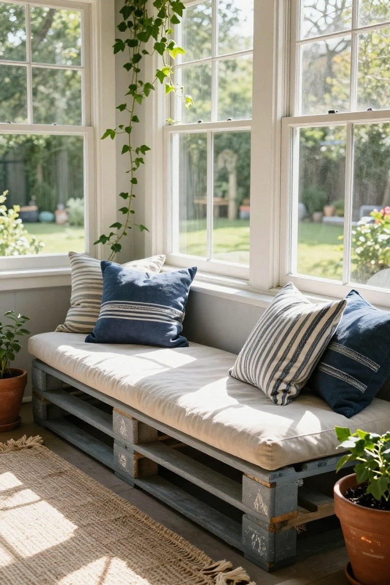 Sunlit sunroom featuring a wooden pallet bench with beige cushion and blue striped pillows, large windows with ivy vines, potted plants, and a woven rug on the floor.