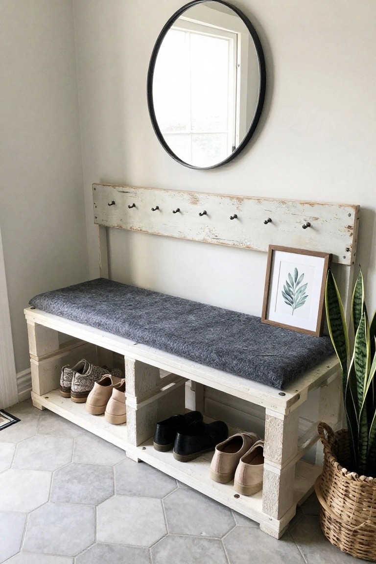 Distressed wooden pallet bench with gray cushion, shoe storage cubbies underneath, coat hooks on the backboard, round black mirror on wall, framed leaf art, snake plant, and woven basket in tiled entryway.
